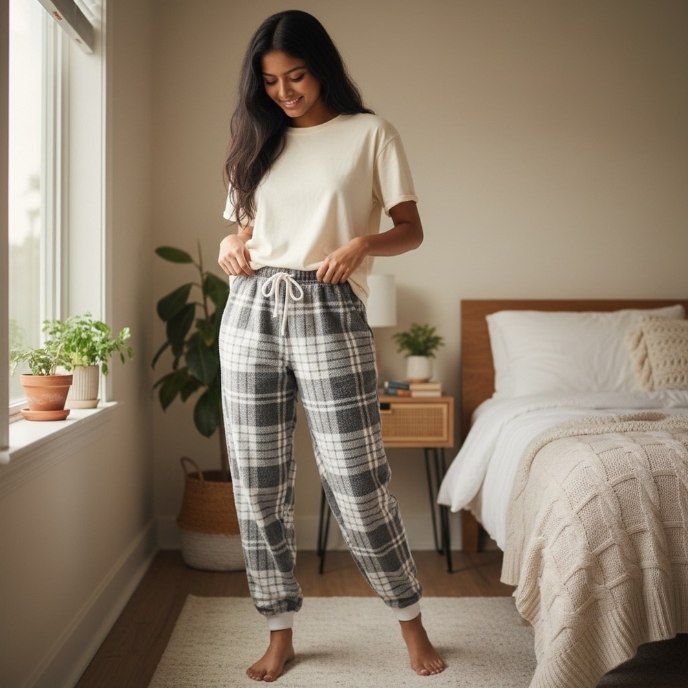 Aerie Plaid Pajama Jogger Pants Gray White Drawstring Lounge Sleepwear Small NEW